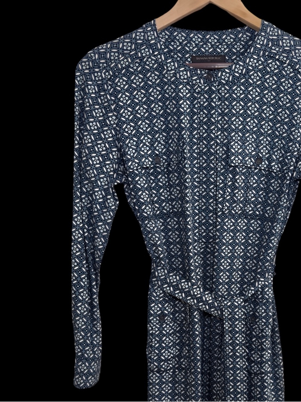 Banana Republic Blue Geometric Safari Shirt Dress Roll Tab Sleeves & Tie Waist 4 - Picture 8 of 13